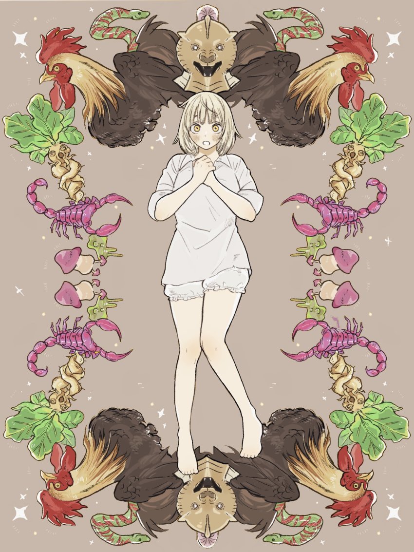 1girl :o bad_id bad_twitter_id bare_legs barefoot basilisk bird blonde_hair bloomers blush brown_background chicken creature dungeon_meshi falin_touden falin_touden_(tallman) female_focus frs2 helmet highres knees_together_feet_apart looking_at_viewer mandrake mushroom own_hands_together scorpion shirt short_hair shorts simple_background sleeves_rolled_up snake solo sparkle standing surprised underwear unworn_headwear unworn_helmet walking_mushroom_(dungeon_meshi) white_shirt wide-eyed