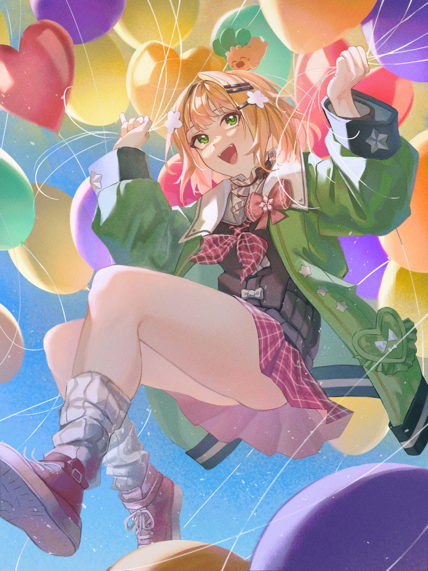 1girl :p absurdres alternate_hairstyle arms_up ass balloon blonde_hair blue_sky blush brown_cardigan cardigan fang floating flower from_below full_body green_eyes green_jacket hair_flower hair_ornament hairclip high_tops highres holding holding_balloon hololive jacket knees_up legzy long_sleeves looking_up loose_socks medium_hair miniskirt momosuzu_nene momosuzu_nene_(casual) neckerchief nekko_(momosuzu_nene) official_alternate_costume on_head open_clothes open_jacket open_mouth outdoors oversized_jacket pink_flower plaid_clothes plaid_skirt pleated_skirt red_neckerchief red_shoes red_skirt sailor_collar shoe_soles shoes skirt sky smile sneakers socks solo teeth tongue tongue_out too_many_balloons upper_teeth_only virtual_youtuber white_sailor_collar white_socks