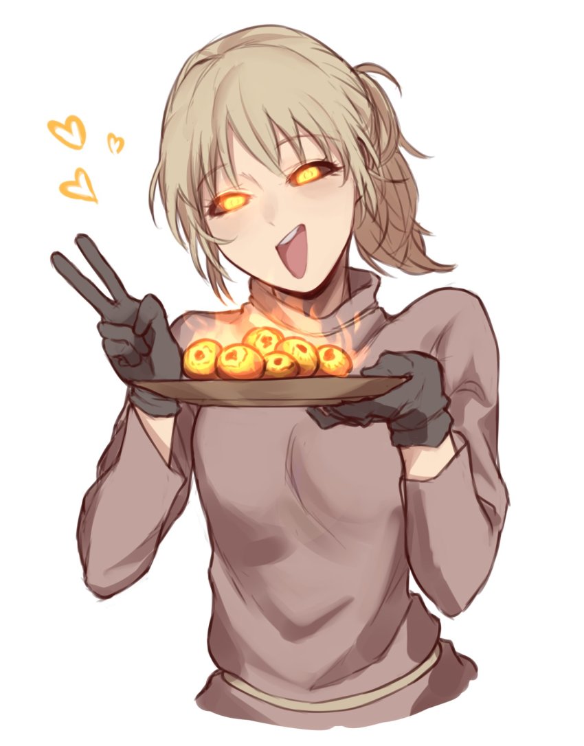 1girl blonde_hair elden_ring eyeball frenchvanillu glowing glowing_eyes heart highres hyetta_(elden_ring) open_mouth ponytail shabriri_grape smile solo v white_background