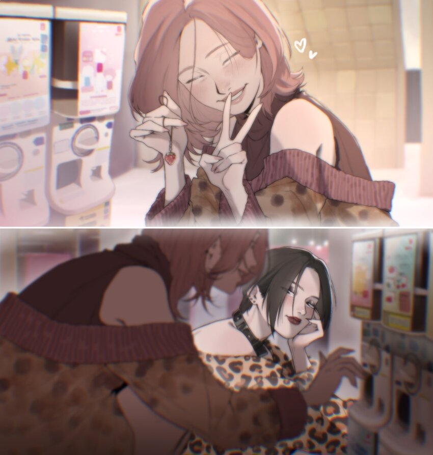 2girls animal_print black_hair charm_(object) closed_eyes commentary earrings head_on_hand highres holding holding_charm jewelry komatsu_nana leopard_print monnbr multiple_girls nana_(series) osaki_nana pink_hair red_lips smile symbol-only_commentary v vending_machine
