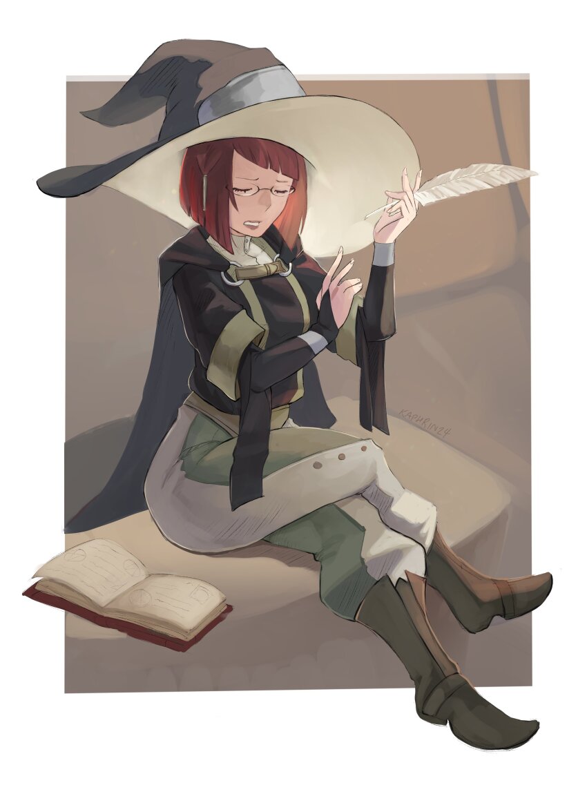 1girl absurdres bob_cut book boots bridal_gauntlets brown_boots cape closed_eyes diagonal_bangs fire_emblem fire_emblem_awakening glasses hair_tubes hat highres kaphrin leather leather_boots miriel_(fire_emblem) nintendo quill red_hair witch_hat
