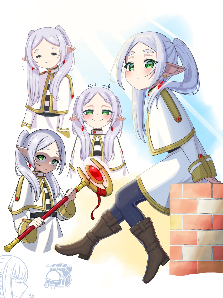 2girls :3 =_= black_pantyhose blush boots capelet closed_mouth coat commentary_request elf expressionless fern_(sousou_no_frieren) flying_sweatdrops frieren frieren_stuck_in_a_mimic_(meme) full_body gomashio_lettuce green_eyes grey_hair highres holding holding_staff long_hair looking_at_viewer meme mimic mimic_chest multiple_girls multiple_views pantyhose pointy_ears puff_of_air sitting smile solo_focus sousou_no_frieren staff stuck twintails white_capelet white_coat