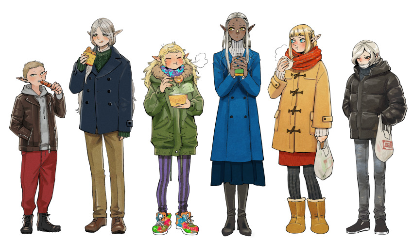 3boys 3girls :q :t ankle_boots arm_at_side bag biting black_coat black_footwear black_legwear blonde_hair blue_coat blue_eyes blunt_bangs blush boots bowl braid bread breath brown_footwear brown_jacket brown_pants chopsticks cithis closed_eyes coat cold contemporary dark_skin drawstring dungeon_meshi ear_piercing earclip eating elf facial_mark facing_viewer fleki food forehead_mark frown full_body fur-trimmed_boots fur-trimmed_coat fur_trim green_coat green_sweater grey_hair grey_hoodie grey_pants hair_over_shoulder hair_tubes hand_in_pocket hands_in_pockets high_heel_boots high_heels highres holding holding_bag holding_bowl holding_chopsticks holding_food hood hood_down hoodie jacket knee_boots kui_ryouko leather leather_jacket lineup long_hair long_sleeves looking_at_another looking_at_viewer looking_away looking_down looking_to_the_side low_twintails lysion mask mask_pull messy_hair mithrun mouth_mask multicolored_footwear multicolored_scarf multiple_boys multiple_girls notched_ear official_art one_eye_closed open_clothes open_jacket orange_coat otta_(dungeon_meshi) own_hands_together pants pants_tucked_in pantyhose pattadol piercing plastic_bag pocket pointy_ears purple_legwear red_pants red_scarf scarf shoes shopping_bag short_hair sidelocks sideways_glance sleeves_past_wrists sneakers standing steamed_bun straight_hair striped_clothes striped_legwear striped_pantyhose surgical_mask sweater swept_bangs toggles tongue tongue_out twintails unzipped vertical-striped_clothes vertical-striped_legwear vertical-striped_pantyhose very_long_hair winter_clothes