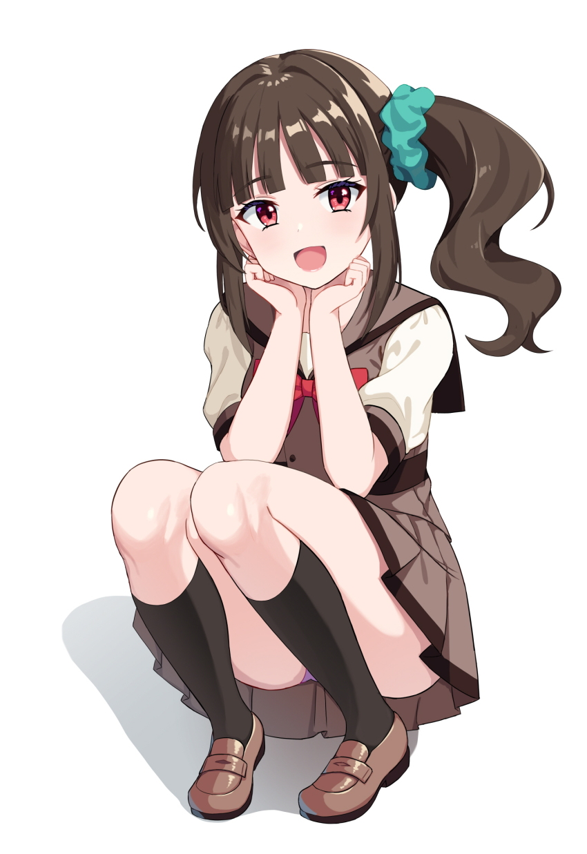 1girl alcmls1230 aqua_scrunchie black_hair black_socks bow bowtie brown_sailor_collar brown_shirt brown_shoes brown_skirt closed_mouth commentary_request full_body hair_ornament hair_scrunchie hands_on_own_face highres loafers looking_at_viewer medium_hair miniskirt nekoyashiki_mayu panties pantyshot partial_commentary pleated_skirt precure purple_eyes red_bow red_bowtie sailor_collar school_uniform scrunchie second_wangan_school_uniform serafuku shadow shirt shoes short_sleeves side_ponytail simple_background skirt smile socks solo squatting underwear white_background wonderful_precure!