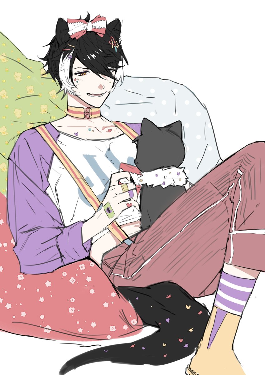 1boy :d absurdres animal_ears animal_on_stomach bad_id bad_twitter_id bandaid bandaid_on_hand black_hair black_nails boots bow cat cushion feet_out_of_frame fingernails grey_cat hair_between_eyes hair_bow hair_ornament hairclip heart heart_hair_ornament highres holding holding_bow_(ornament) holostars jackal_boy jackal_ears jackal_tail kageyama_shien looking_at_animal male_focus midriff multicolored_hair nail_polish nekoyama_shien open_mouth pants purple_legwear purple_shirt reclining red_pants sharp_fingernails shirt short_hair smile socks solo star_(symbol) star_hair_ornament sticker sticker_on_face striped_clothes striped_legwear striped_socks striped_suspenders suspenders teeth two-tone_bow two-tone_hair two-tone_shirt upper_teeth_only virtual_youtuber white_background white_hair white_shirt wolkung yellow_boots yellow_collar yellow_eyes