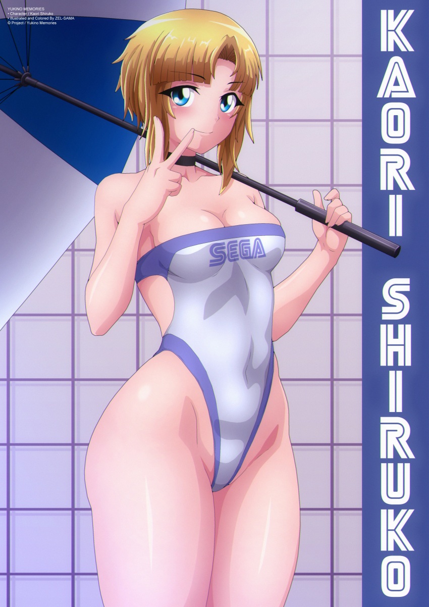 1girl absurdres blonde_hair blue_eyes blush breasts choker cleavage clothes_writing collarbone grid grid_background highleg highleg_leotard highres holding holding_umbrella kaori_shiruko leotard looking_at_viewer medium_breasts one-piece_swimsuit sega short_hair smile standing swimsuit umbrella v white_background white_one-piece_swimsuit yukino_memories zel-sama