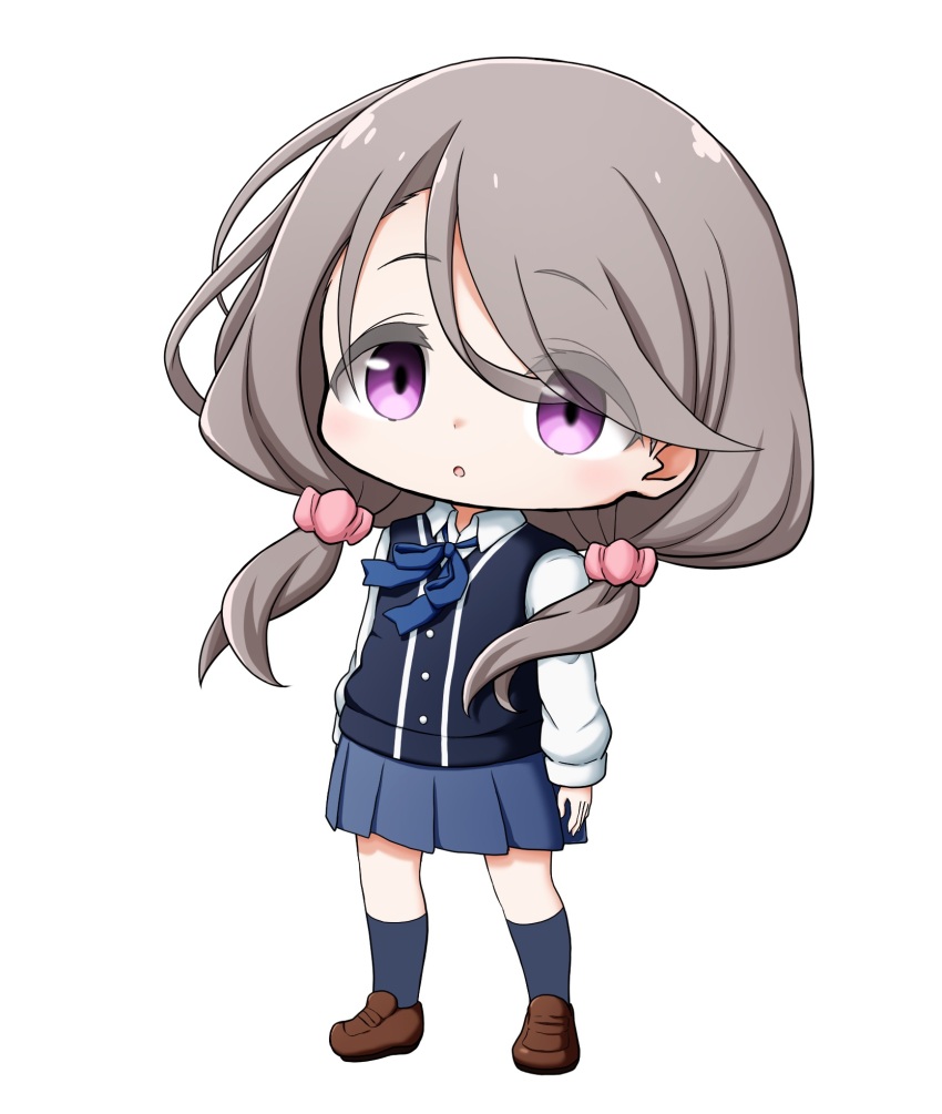 1girl :o blue_bow blue_skirt blue_socks bow brown_shoes cardigan_vest chibi collared_shirt commentary_request eyes_visible_through_hair full_body grey_hair hair_ornament hair_over_shoulder hair_scrunchie highres kuena loafers long_hair looking_at_viewer low_twintails mono_(afro) parted_lips pink_scrunchie pleated_skirt purple_eyes scrunchie shikishima_sakurako shirt shoes simple_background skirt socks solo standing twintails very_long_hair white_background white_shirt