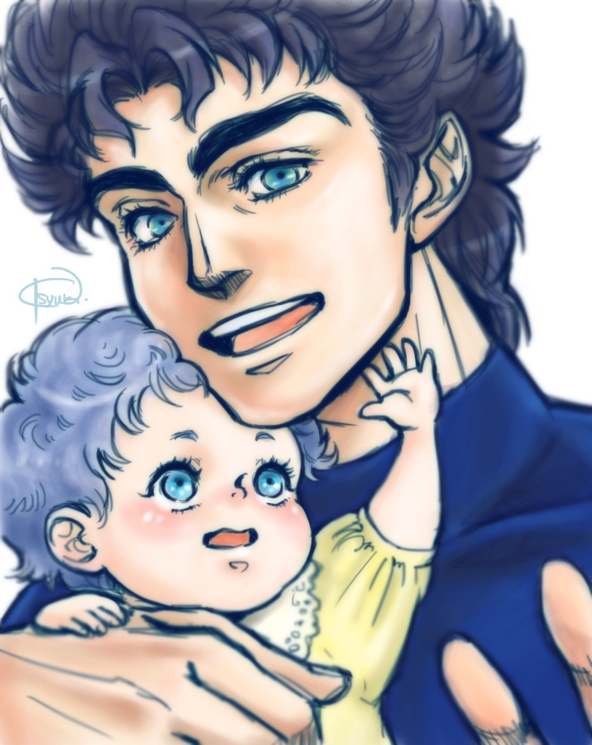 2boys alternate_universe baby black_hair blue_eyes blue_hair curly_hair father_and_son george_joestar_ii highres jojo_no_kimyou_na_bouken jonathan_joestar kamata_yu-ki male_focus multiple_boys