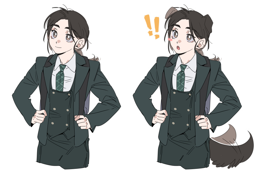 ! !! 1girl :o absurdres animal_ears backpack bag blazer blush_stickers brown_eyes chinese_commentary collared_shirt commentary_request cropped_legs dog_ears dog_girl dog_tail friendly_rivalry green_jacket green_necktie green_skirt green_vest hands_on_own_hips highres jacket kemonomimi_mode molu_stranger necktie open_mouth plaid_clothes plaid_necktie shirt single_blush_sticker skirt tail tail_wagging vest white_shirt woo_seul-gi