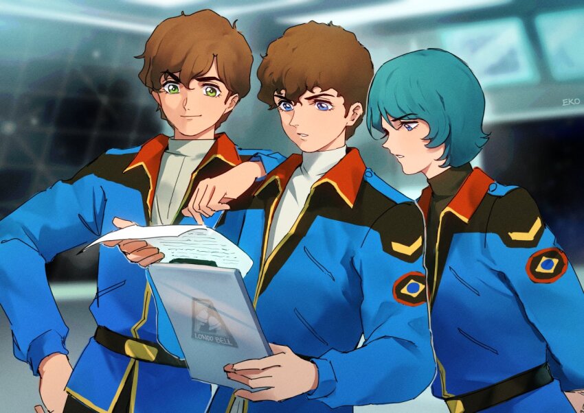 3boys amuro_ray blue_eyes blue_jacket brown_hair earth_federation ekomozzarella green_eyes green_hair gundam gundam_zz jacket judau_ashta kamille_bidan male_focus military_uniform mobile_suit_gundam multiple_boys retro_artstyle science_fiction smile zeta_gundam