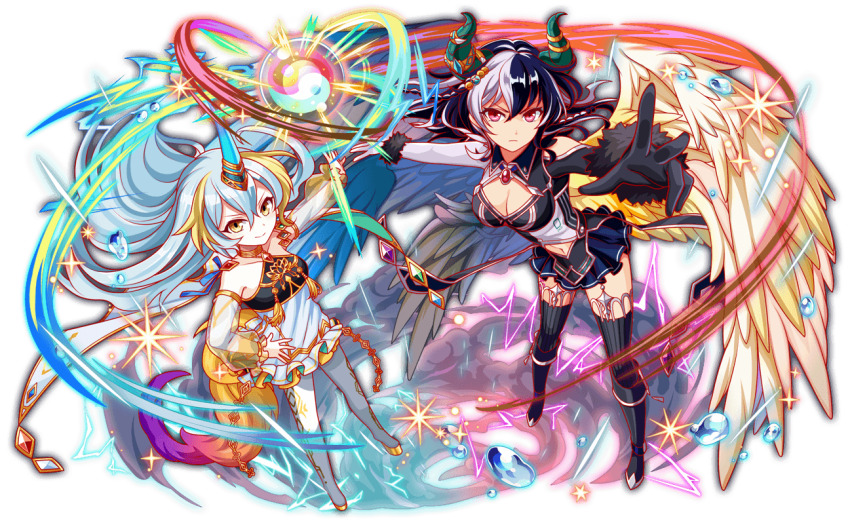 2girls adapted_costume alternate_costume alternate_hair_color alternate_horns anime_coloring ankle_boots aqua_hair armpit_crease artist_request bare_shoulders beelzebub_(crash_fever) big_hair black_collar black_footwear black_fur black_gloves black_hair black_shirt black_skirt black_sleeve_cuffs black_sleeves black_thighhighs blonde_hair blue_wings boots breasts cape cleavage_cutout closed_mouth clothing_cutout collar collarbone crash_fever demon_horns earrings eyelashes floating floating_hair floating_object foreshortening frilled_skirt frills from_above frown full_body fur_sleeve_cuffs game_cg garter_straps gloves gradient_tail hair_ornament hand_on_own_hip high-waist_skirt high_heel_boots high_heels horns jewelry legs_apart light_particles long_hair looking_at_viewer medium_breasts medium_hair microskirt multicolored_hair multicolored_tail multiple_girls navel navel_cutout neck_ring number_print numbered object_floating_above_hand official_alternate_costume official_alternate_hair_color official_alternate_horns official_art orb outline parted_lips pinstripe_pattern pinstripe_thighhighs pleated_skirt print_shirt qilin_(crash_fever) red_eyes red_outline see-through_clothes see-through_sleeves shirt shoulder_cutout single_bare_shoulder single_horn skirt sleeve_cuffs small_breasts smile sparkle square square_print streaked_hair striped_clothes striped_shirt striped_thighhighs tachi-e tail tassel thigh_boots thighhighs third-party_source transparent_background two-tone_hair two-tone_shirt two-tone_wings underbust v-shaped_eyebrows vertical-striped_clothes vertical-striped_shirt vertical-striped_thighhighs very_long_hair water_drop wavy_hair wedge_heels white_cape white_footwear white_hair white_shirt white_sleeves wings yellow_eyes yellow_wings yin_yang yin_yang_orb