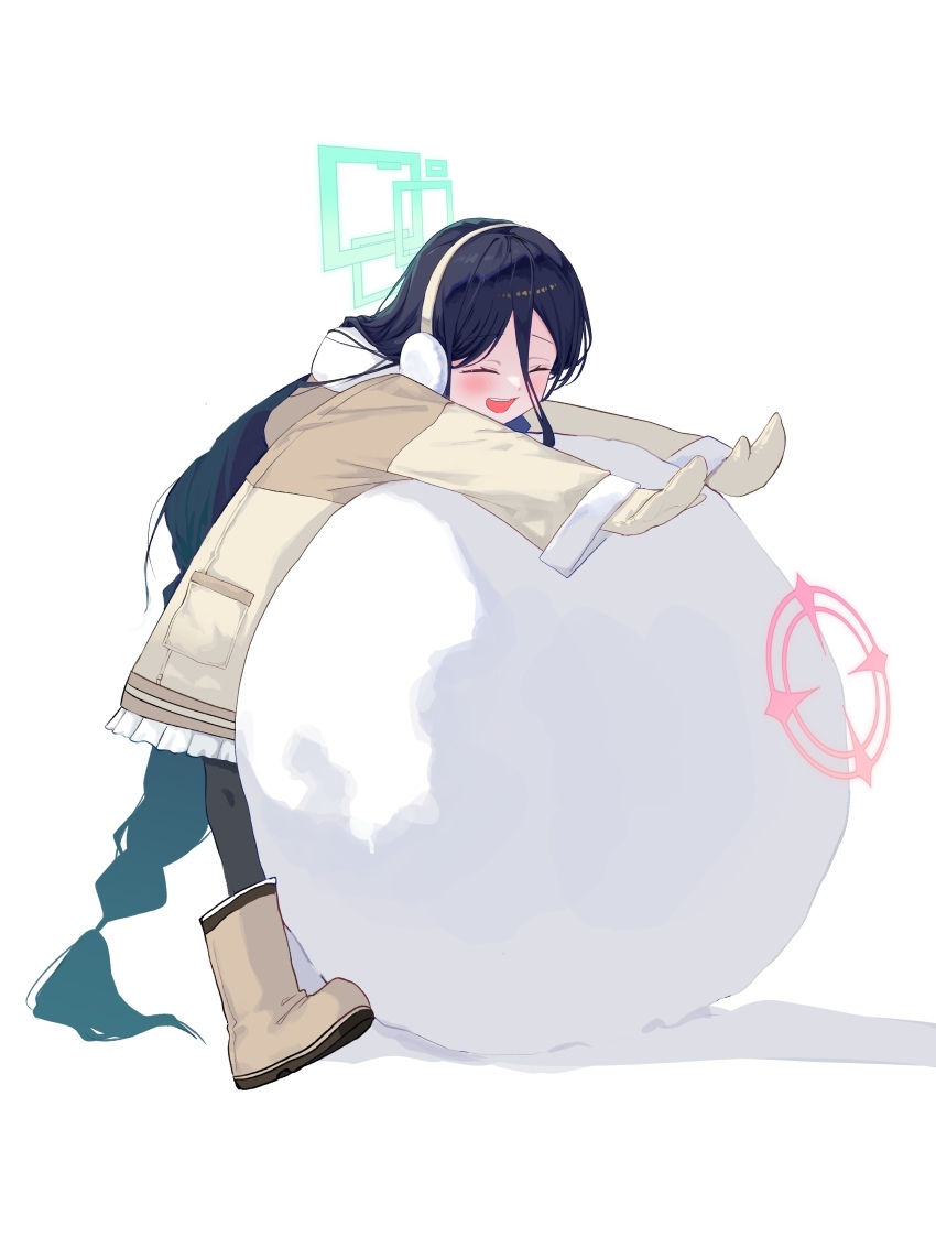 2girls :d ^_^ absurdres aris_(blue_archive) aris_(winter)_(blue_archive) black_hair black_pantyhose blue_archive blue_halo boots braid braided_ponytail brown_boots brown_coat brown_mittens closed_eyes coat commentary_request earmuffs full_body fur-trimmed_coat fur-trimmed_hood fur-trimmed_sleeves fur_trim hair_between_eyes halo highres hood hood_down kongaru_123 long_hair long_sleeves mittens momoi_(blue_archive) momoi_(winter)_(blue_archive) multiple_girls official_alternate_costume official_alternate_hairstyle open_mouth outstretched_arms pantyhose rectangular_halo red_halo simple_background smile snowball solo teeth upper_teeth_only variant_set very_long_hair white_background winter_clothes