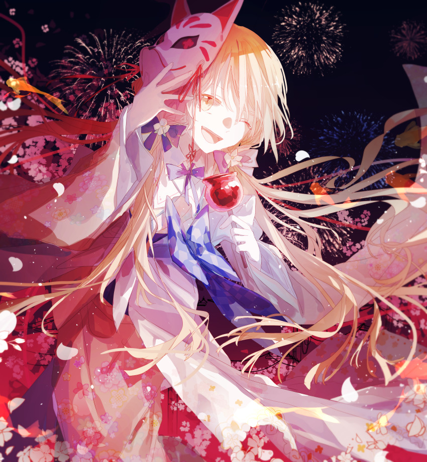 1girl :d absurdres aerial_fireworks arcaea blonde_hair blue_bow blue_bowtie bow bowtie cherry_blossoms fireworks floral_print floral_print_kimono fox_mask hair_bow highres holding_candy_apple japanese_clothes kanae_(arcaea) kimono long_hair long_sleeves looking_at_viewer low_twintails maboroshi_(freeze000) mask mask_on_head night night_sky one_eye_closed open_mouth print_kimono red_kimono sky smile solo twintails very_long_hair waist_bow wide_sleeves yellow_eyes