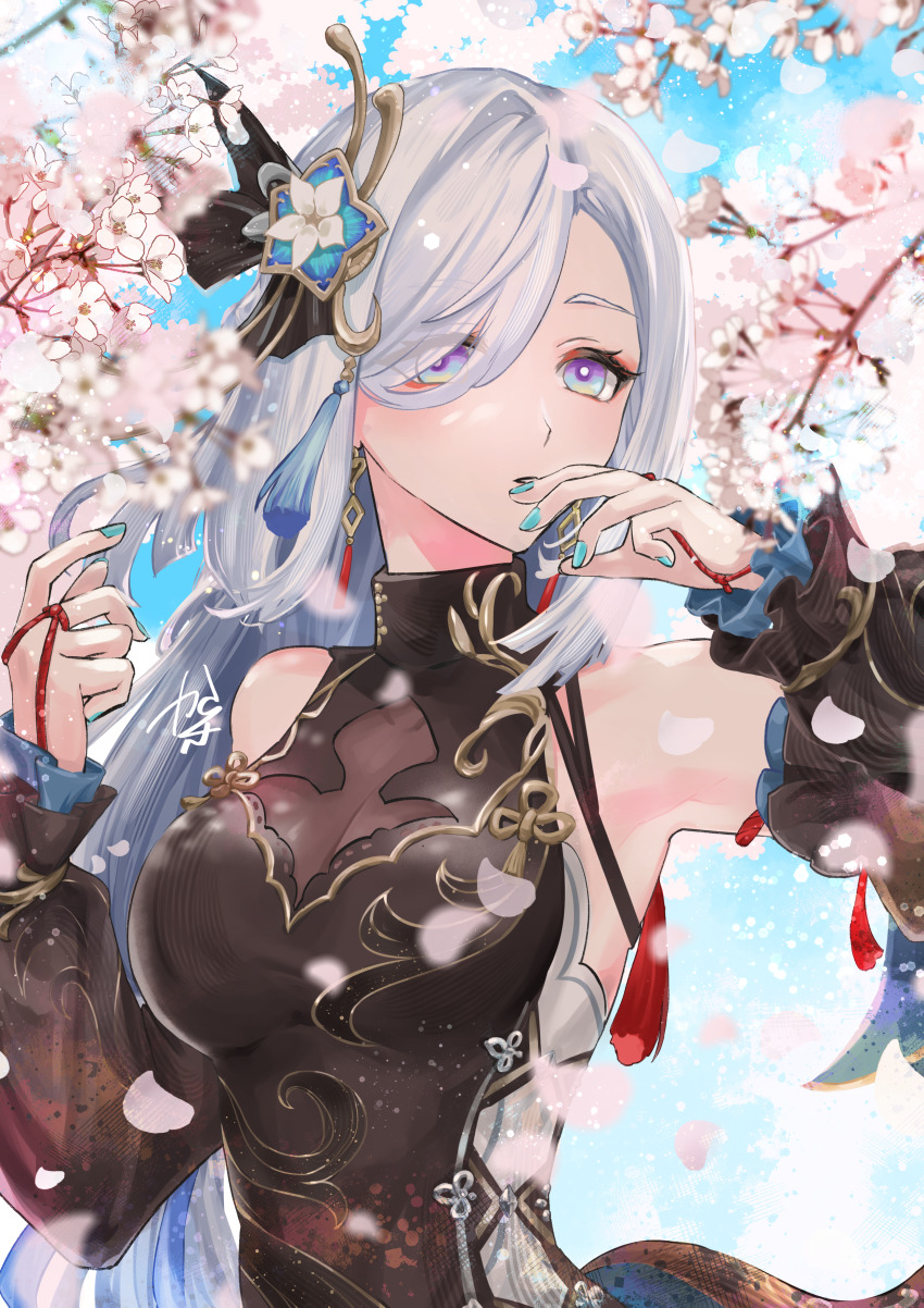 1girl absurdres aqua_nails blue_eyes breasts cherry_blossoms cleavage commentary_request day detached_sleeves earrings eyes_visible_through_hair falling_petals fingernails genshin_impact grey_hair hair_ornament hair_over_one_eye hands_up highres jewelry karakusa_(ototsukiharu) large_breasts long_hair long_sleeves multicolored_eyes nail_polish official_alternate_costume outdoors petals purple_eyes see-through_cleavage see-through_clothes shenhe_(frostflower_dew)_(genshin_impact) shenhe_(genshin_impact) sleeveless solo tassel tassel_earrings two-tone_eyes very_long_hair