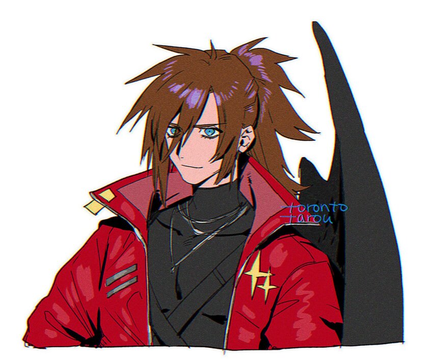1boy alternate_costume alternate_hairstyle black_wings blue_eyes brown_hair chest_strap coat final_fantasy final_fantasy_vii genesis_rhapsodos highres long_hair male_focus ponytail red_coat shirt single_wing torontotarou turtleneck turtleneck_shirt white_background wings