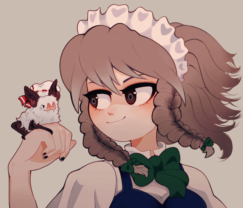 1girl :3 animal animal_on_hand animalization arm_up bat_(animal) bat_on_hand black_nails bow bowtie braid bright_pupils clem_(calmeremerald) clenched_hand close-up closed_mouth clothed_animal commentary english_commentary eye_contact eyebrows_hidden_by_hair fangs floating_hair frilled_hairband frills green_bow green_bowtie grey_background grey_hair hair_between_eyes hair_bow hairband high_collar izayoi_sakuya looking_at_another looking_to_the_side maid_headdress muted_color nail_polish portrait red_eyes remilia_scarlet remilia_scarlet_(bat) short_hair side_braid simple_background smile touhou twin_braids white_hairband