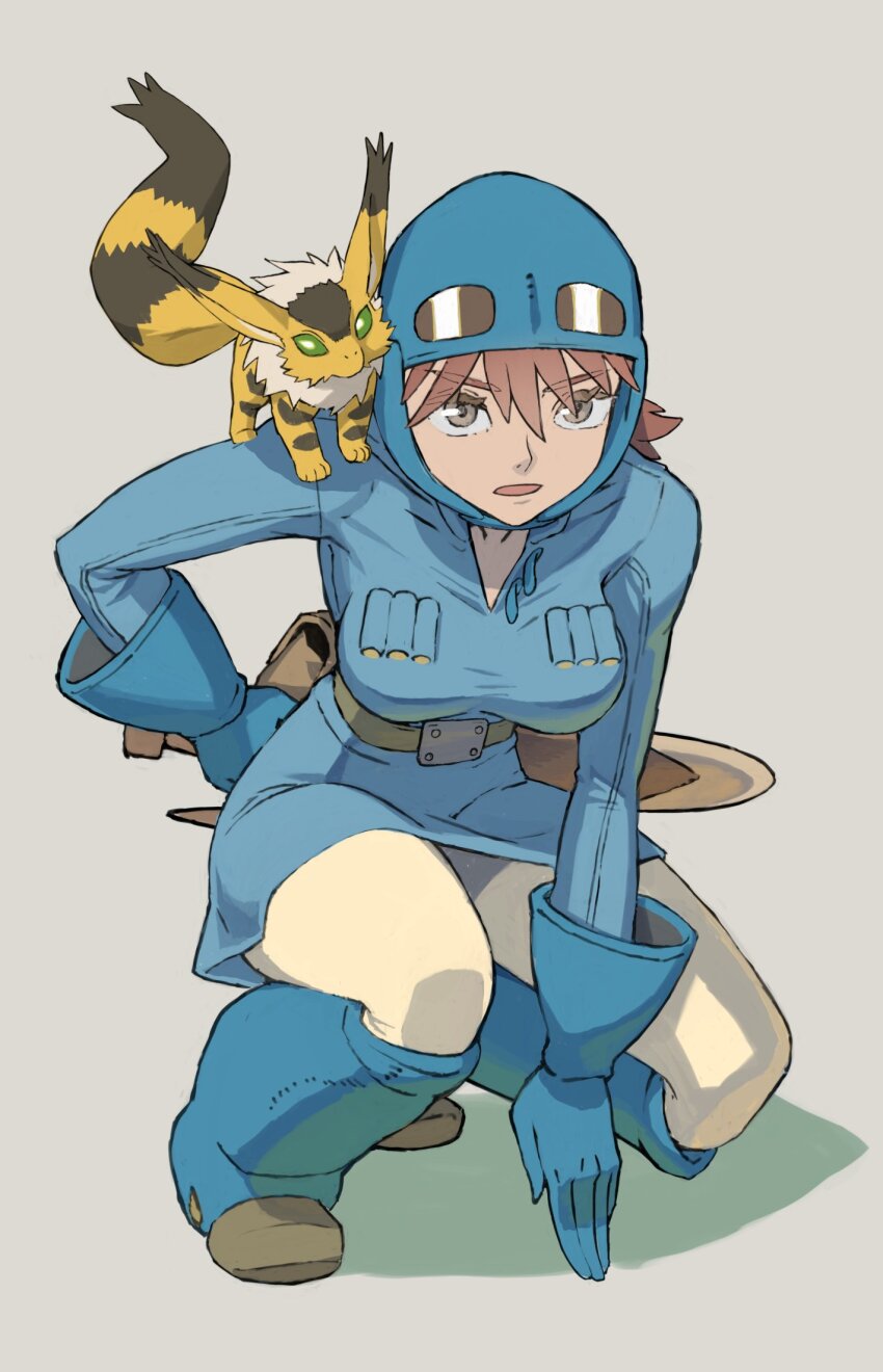 1girl animal animal_on_shoulder belt breasts brown_eyes brown_hair dress full_body gloves hat highres kaze_no_tani_no_nausicaa looking_at_viewer medium_breasts nausicaa open_mouth short_hair simple_background skirt solo sword teto_(nausicaa) urasato weapon