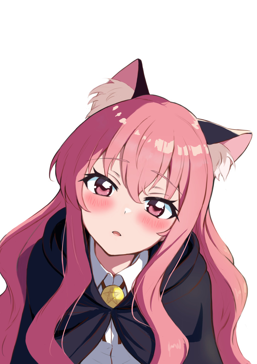 1girl absurdres animal_ear_fluff animal_ears black_cape blush cape cat_ears cat_girl collared_shirt commentary_request eyelashes hair_between_eyes head_tilt highres hisaku111 long_hair looking_at_viewer louise_francoise_le_blanc_de_la_valliere parted_lips pentagram pink_eyes pink_hair shirt simple_background solo straight-on upper_body white_background white_shirt zero_no_tsukaima