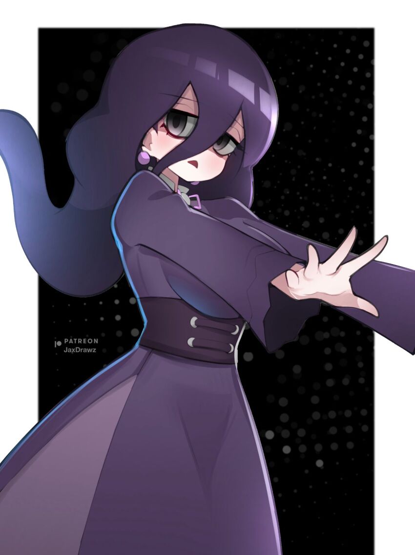 1girl bags_under_eyes earrings hex_maniac_(pokemon) hex_maniac_(pokemon_legends:_z-a) highres jaxdrawz jewelry large_earrings nintendo pokemon pokemon_legends:_z-a purple_ribbon ribbon solo sphere_earrings