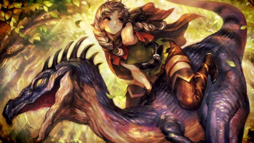 1girl belt boots braid breasts brown_eyes cloak dinosaur dragon&#039;s_crown elf elf_(dragon&#039;s_crown) female_focus game_cg gloves hood hood_down long_hair official_art pointy_ears raptor riding riding_dinosaur shorts small_breasts solo thigh_boots thighhighs tunic twin_braids vanillaware