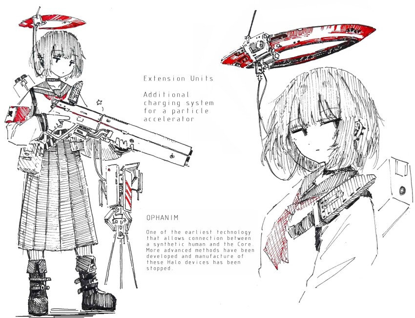 1girl dagger deadpan expressionless full_body gun halo highres holding holding_gun holding_weapon knife mechanical_halo original sailor_collar science_fiction sheath sheathed shiokaze1409 short_hair skirt solo spot_color standing star_(symbol) weapon yuuko_(shiokaze1409)