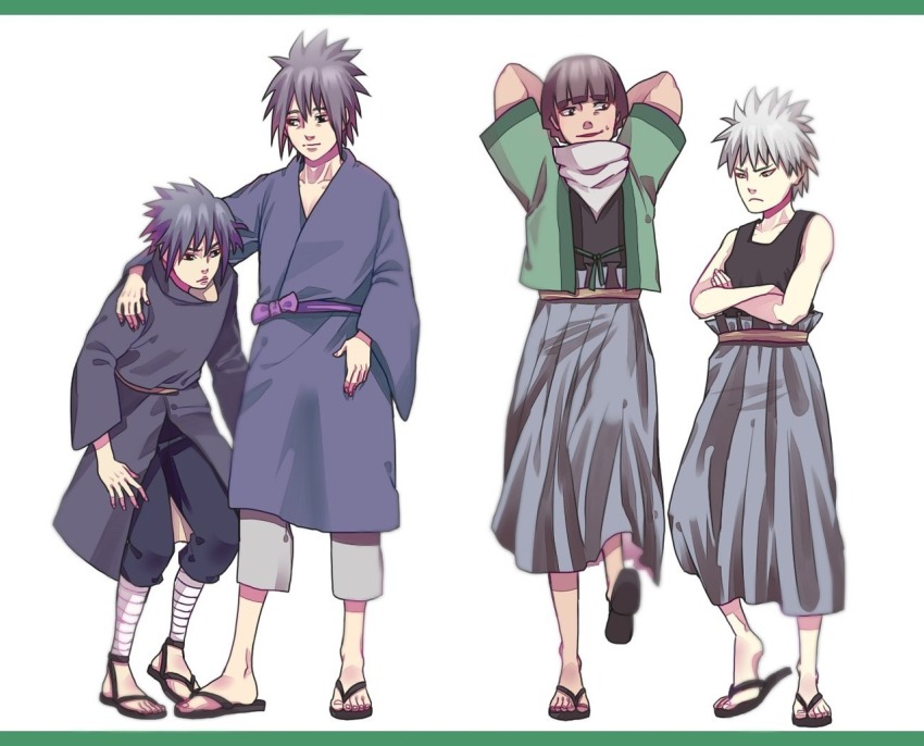 4boys brothers full_body male_focus multiple_boys naruto_(series) naruto_shippuuden sandals senju_hashirama senju_tobirama siblings uchiha_izuna uchiha_madara yaoi