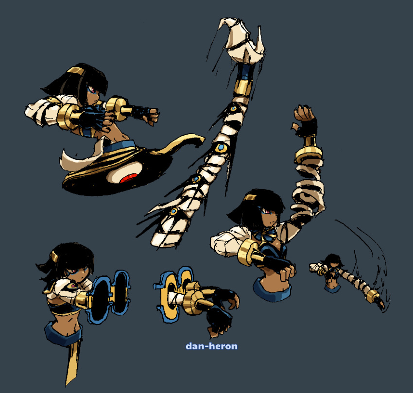 1girl anakaris ancient_egyptian arm_wrap black_hair blue_background blue_eyes bob_cut bracelet dan_heron dark-skinned_female dark_skin darkstalkers highres jewelry makeup mascara midnight_bliss midriff multiple_views red_eyes short_hair stretching upper_body usekh_collar
