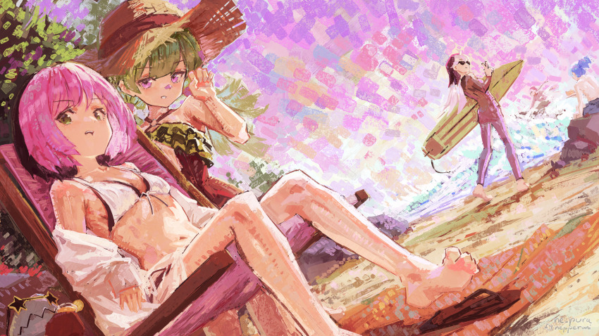 2boys 3girls barefoot beach beach_chair bikini dorsiflexion foot_out_of_frame green_eyes green_hair hat highres holding holding_surfboard long_hair looking_at_viewer low_twintails mani_(osu!) mari_(osu!) mocha_(osu!) multiple_boys multiple_girls nepperoni osu! outdoors painterly pink_hair pippi_(osu!) purple_eyes sandals short_hair sitting soles straw_hat summer surfboard swimsuit taikonator_(osu!) toes twintails unworn_sandals water white_bikini yuzu_(osu!)