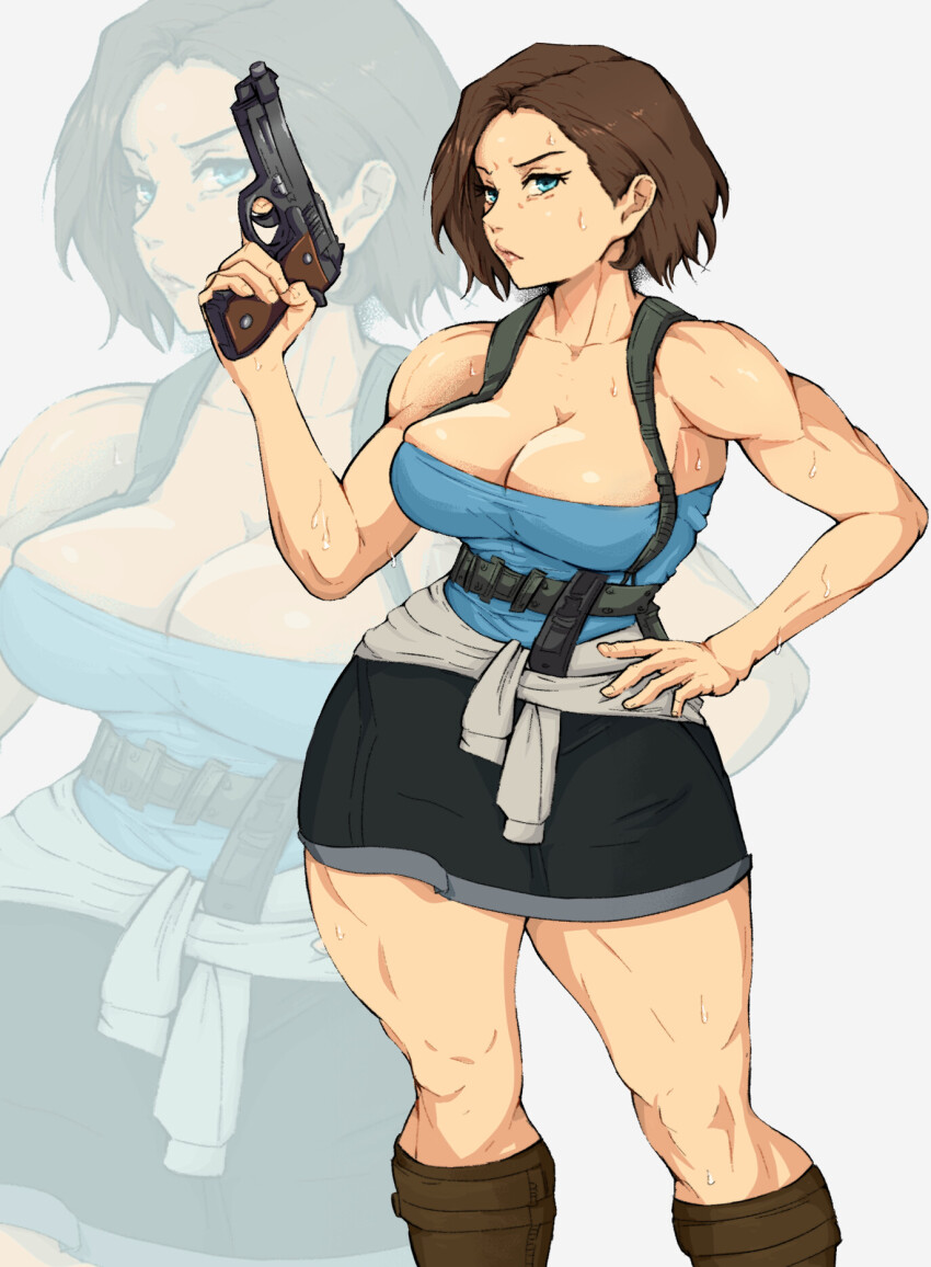 1girl beretta_92 black_skirt blue_eyes breasts brown_hair cleavage clothes_around_waist collarbone commentary english_commentary gun hand_on_own_hip handgun highres holding holding_gun holding_weapon jill_valentine muscular muscular_female resident_evil resident_evil_3:_nemesis serious simple_background skirt solo standing sweat sweater sweater_around_waist thick_thighs thighs weapon yoracrab