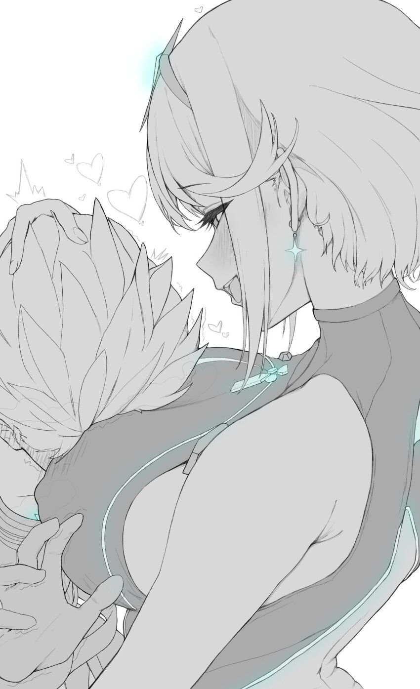 1boy 1girl armpit_crease bare_shoulders blush breast_press breasts chest_jewel commentary_request competition_swimsuit covered_erect_nipples earrings from_side greyscale hand_on_another&#039;s_head heart hetero highres jewelry large_breasts monochrome omomochi one-piece_swimsuit open_mouth pushing pyra_(pro_swimmer)_(xenoblade) pyra_(xenoblade) rex_(xenoblade) short_hair sidelocks simple_background sketch smile spot_color swimsuit tiara upper_body white_background xenoblade_chronicles_(series) xenoblade_chronicles_2