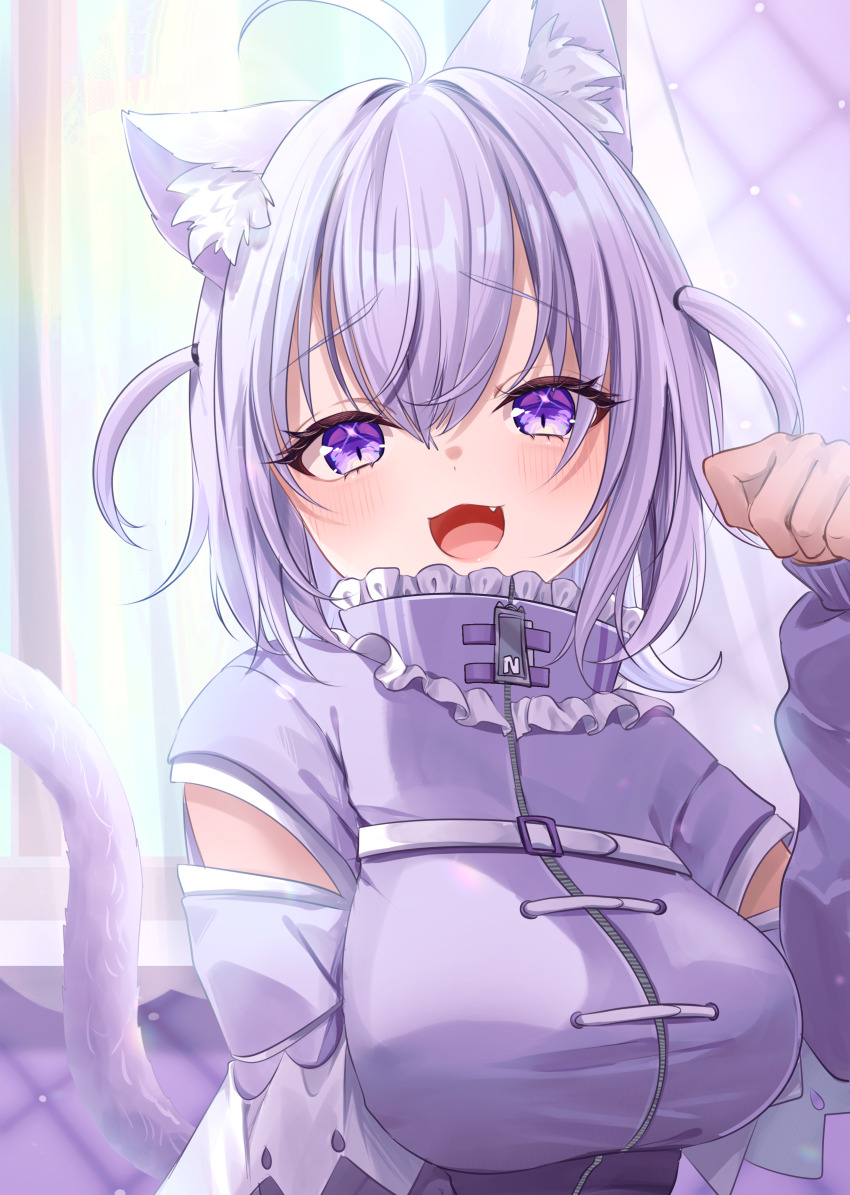 1girl :3 :d absurdres ahoge animal_ears blush breasts cat_ears cat_girl cat_tail fang highres hololive jacket large_breasts looking_at_viewer medium_hair nekomata_okayu nekomata_okayu_(membership) official_alternate_costume official_alternate_hairstyle open_mouth paw_pose purple_eyes purple_hair purple_jacket shagaihi smile solo tail two_side_up virtual_youtuber
