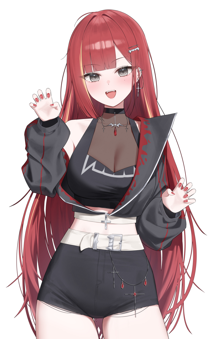 1girl absurdres akane_lize bare_shoulders belt black_eyes black_jacket black_shirt black_shorts blunt_bangs breasts claw_pose cowboy_shot crop_top cropped_jacket cross cross_earrings ear_piercing earrings fangs hair_ornament hairclip hand_up hashtag-only_commentary high-waist_shorts highres jacket jewelry large_breasts long_hair looking_at_viewer midriff mole mole_on_cheek multicolored_hair n4_h4m nail_polish off_shoulder open_mouth piercing red_hair red_nails see-through_cleavage see-through_clothes shirt short_shorts shorts sidelocks simple_background sleeveless sleeveless_shirt smile solo stellive streaked_hair torn_clothes torn_shorts very_long_hair virtual_youtuber white_background