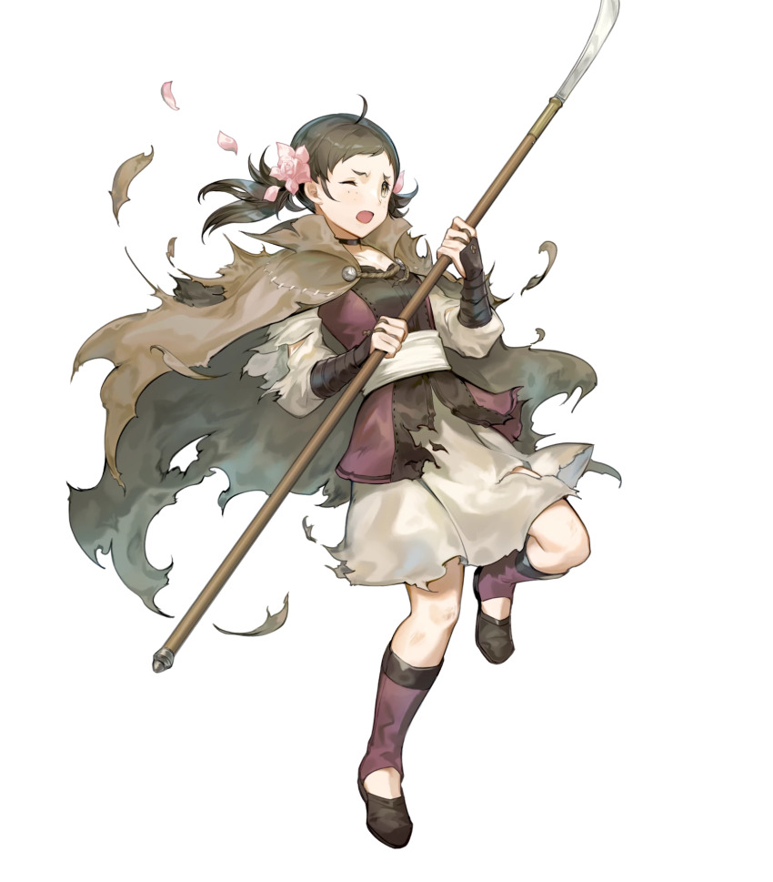 1girl ahoge breasts brown_eyes brown_hair cloak damaged fire_emblem fire_emblem_fates fire_emblem_heroes flat_chest flower freckles hair_flower hair_ornament highres holding holding_polearm holding_weapon medium_breasts mozu_(fire_emblem) naginata nintendo non-web_source official_art one_eye_closed open_mouth polearm solo torn_cloak torn_clothes weapon