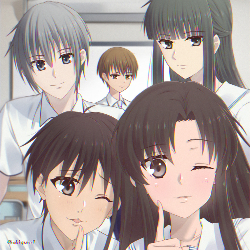 akigure1 blinking classroom everyone expressionless finger_to_mouth fruits_basket group_picture highres kimi_toudou kuragi_machi long_hair manabe_kakeru naohito_sakuragi non-web_source pout school_uniform selfie sohma_yuki twitter_username