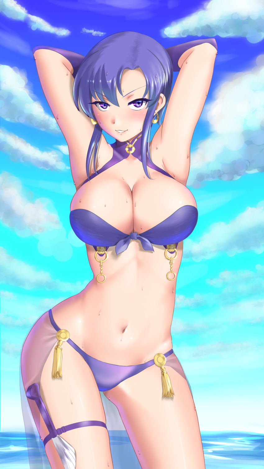 0-pie 1girl armpits arms_behind_head bikini blue_bikini blue_eyes blush breasts cleavage earrings fire_emblem fire_emblem:_the_blazing_blade gloves highres jewelry looking_at_viewer navel nintendo ocean official_alternate_costume parted_lips purple_hair seductive_smile short_hair sky smile solo sweat swimsuit ursula_(fire_emblem) ursula_(summer)_(fire_emblem)