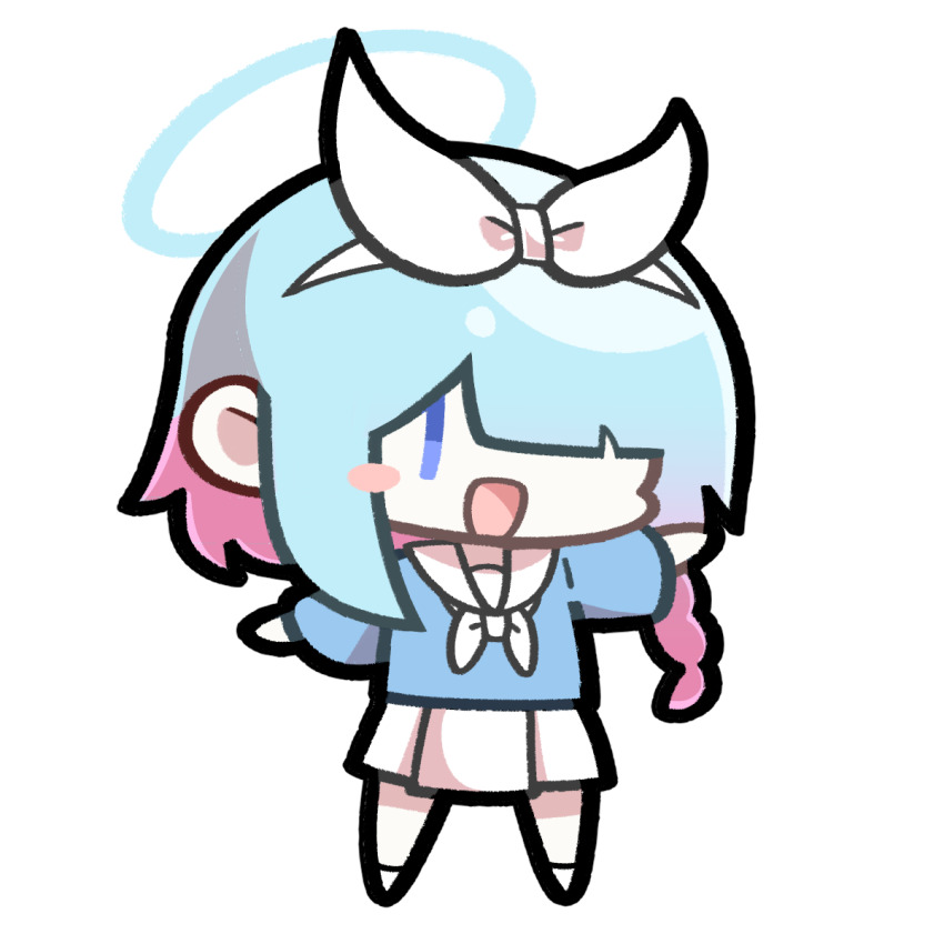 1girl arona_(blue_archive) baek_ban blue_archive blue_eyes blue_hair blue_shirt blush_stickers bow bowtie braid chibi chibi_only commentary gradient_hair hair_bow hair_over_one_eye hairband halo highres light_blue_hair long_sleeves multicolored_hair open_mouth pale_skin pink_hair pleated_skirt sailor_collar shirt shoes side_braid simple_background single_blush_sticker skirt smile solo white_background white_bow white_bowtie white_hairband white_sailor_collar white_shoes white_skirt