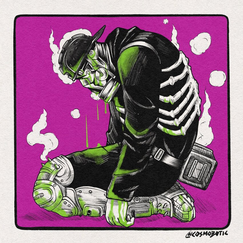 1boy aikawa_(dorohedoro) backwards_hat blood blood_on_face bone border comic_panel_redraw commentary csmbtc derivative_work dorohedoro english_commentary full_body gas_mask green_blood hat highres kneeling long_sleeves male_focus mask purple_background ribs solo spiked_boots white_border