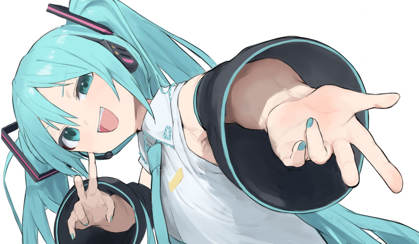1girl aqua_eyes aqua_hair aqua_nails aqua_necktie black_sleeves commentary detached_sleeves fingernails foreshortening grey_shirt hatsune_miku highres looking_at_viewer necktie open_mouth pocche-ex reaching reaching_towards_viewer shirt simple_background sleeveless sleeveless_shirt smile solo teeth upper_teeth_only vocaloid white_background