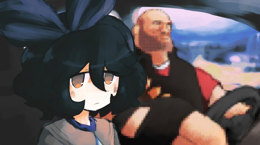 1boy 1girl absurdres bad_id bad_twitter_id black_hair blue_bow blue_hairband bow brown_eyes car_interior closed_mouth commentary driving english_commentary fat fat_man hair_between_eyes hair_bow hairband heavy_(tf2) highres iesonatana inactive_account liv_(iesonatana) looking_at_viewer original pixelated short_hair team_fortress_2