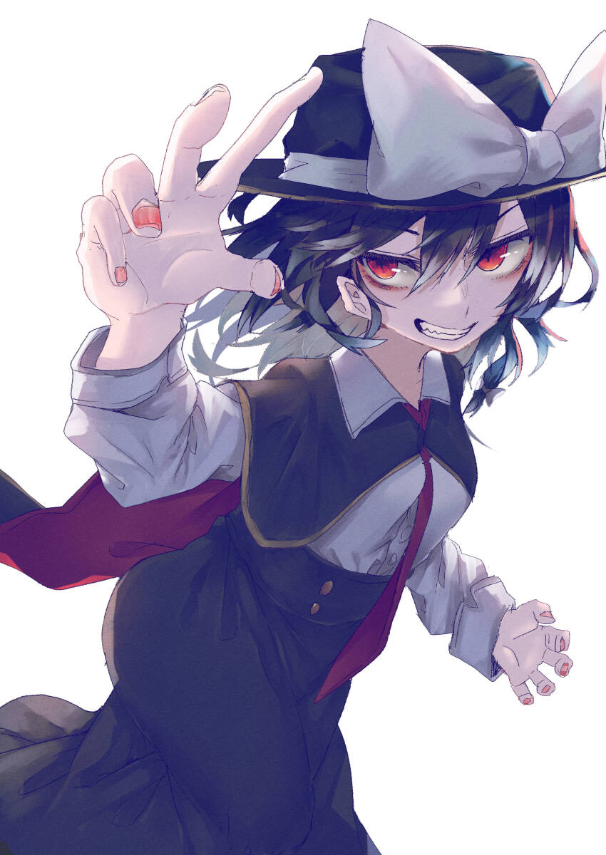 1girl absurdres alternate_eye_color black_cape black_hat black_skirt bow buttons cape claw_pose collar grin hair_bow hat hat_bow highres long_sleeves muraryo nail_polish necktie orange_eyes orange_nails shirt short_hair simple_background skirt sleeve_cuffs smile solo touhou usami_renko white_background white_bow white_collar white_shirt