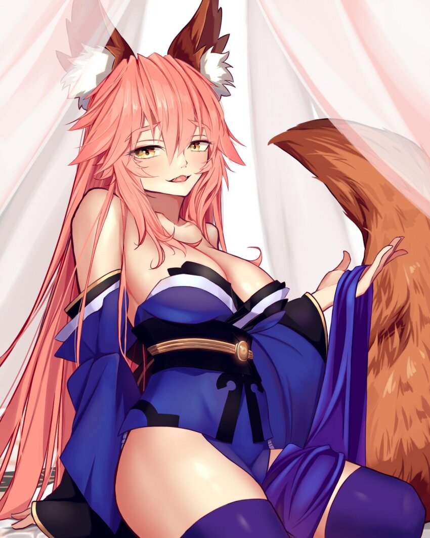 1girl animal_ear_fluff animal_ears bare_shoulders blue_kimono blue_thighhighs breasts cleavage detached_sleeves fate/extra fate_(series) fox_ears fox_girl fox_tail hair_between_eyes highres japanese_clothes kapi-san kimono large_breasts long_hair looking_at_viewer obi open_mouth pink_hair revision sash sidelocks smile solo tail tamamo_(fate) tamamo_no_mae_(fate/extra) thighhighs thighs very_long_hair wide_sleeves yellow_eyes