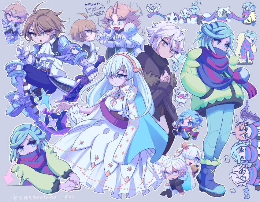 ... ? ahoge altaria anastasia_(fate) anger_vein arrow_(symbol) ascot beartic blonde_hair boots breasts brown_hair buttons cetitan cetoddle character_request cleavage closed_mouth commentary_request copyright_request crossover dress fangs fate/grand_order fate_(series) frosmoth gen_3_pokemon gen_4_pokemon gen_5_pokemon gen_8_pokemon gender_request green_eyes green_hair grey_background grusha_(pokemon) hair_over_one_eye hairband highres holding holding_sword holding_weapon jacket kadoc_zemlupus looking_at_another looking_down medium_breasts nintendo open_mouth orange_hairband outline pokemon pokemon_sv scarf shi_(soudana_sigurd) short_hair sparkle speech_bubble spoken_ellipsis spoken_question_mark striped_clothes striped_scarf sword translation_request viy_(fate) weapon weavile white_ascot white_dress yellow_jacket
