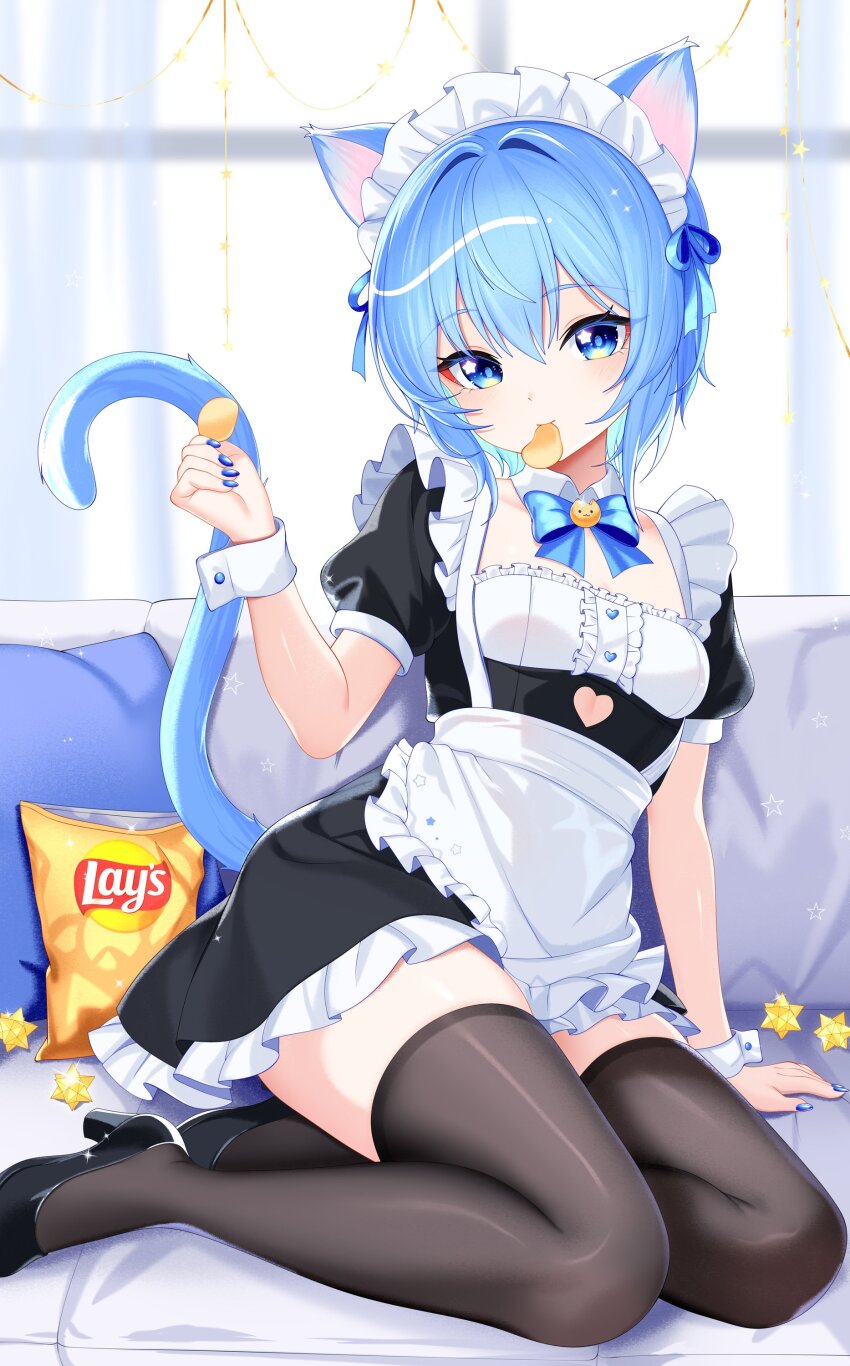 1girl absurdres animal_ears apron bag_of_chips black_dress black_shoes black_thighhighs blue_bow blue_bowtie blue_eyes blue_hair blue_nails bow bowtie breasts cat_ears cat_girl cat_tail chips_(food) clothing_cutout couch dress felixkohai food frilled_dress frills full_body heart_cutout highres hololive hoshimachi_suisei kemonomimi_mode lay&#039;s_(potato_chips) looking_at_viewer maid maid_apron maid_headdress mouth_hold on_couch pillow potato_chips puffy_short_sleeves puffy_sleeves shoes short_hair short_sleeves sitting small_breasts star_(symbol) star_in_eye symbol_in_eye tail thighhighs virtual_youtuber white_apron wrist_cuffs yokozuwari