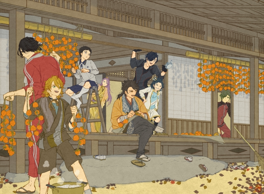 10s 6+boys ^_^ architecture atsushi_toushirou autumn autumn_leaves black_socks broom casual closed_eyes east_asian_architecture facial_hair food fruit gotou_toushirou hachisuka_kotetsu hair_over_one_eye hand_on_own_hip japanese_clothes japanese_house kneehighs ladder leaf long_hair low_ponytail male_focus multiple_boys mutsu-no-kami_yoshiyuki nagasone_kotetsu norishio one_eye_covered persimmon ponytail rope shoes shokudaikiri_mitsutada sitting sleeves_rolled_up slice_of_life sliding_doors socks standing stepladder stubble tabi taikogane_sadamune touken_ranbu uguisumaru unworn_shoes v-shaped_eyebrows very_long_hair white_legwear