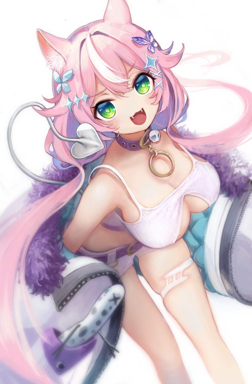 1girl :3 absurdres animal_ears aqua_jacket belt belt_collar blush breasts butterfly_hair_ornament cat_ears cat_girl choker cleavage cleavage_cutout clothing_cutout collar demon_tail ena1215 fangs from_above fur-trimmed_jacket fur_trim green_eyes hair_ornament hairclip highres jacket large_breasts long_hair looking_at_viewer midriff multicolored_hair multicolored_jacket nijisanji nijisanji_kr no_nose open_mouth pink_belt pink_choker pink_collar pink_hair pink_jacket shorts simple_background skull_collar sleeves_past_fingers sleeves_past_wrists smile solo streaked_hair tail tank_top thigh_strap thighs two-tone_hair two-tone_jacket very_long_hair virtual_youtuber white_background white_shorts white_tail white_tank_top yang_nari yang_nari_(2nd_costume)