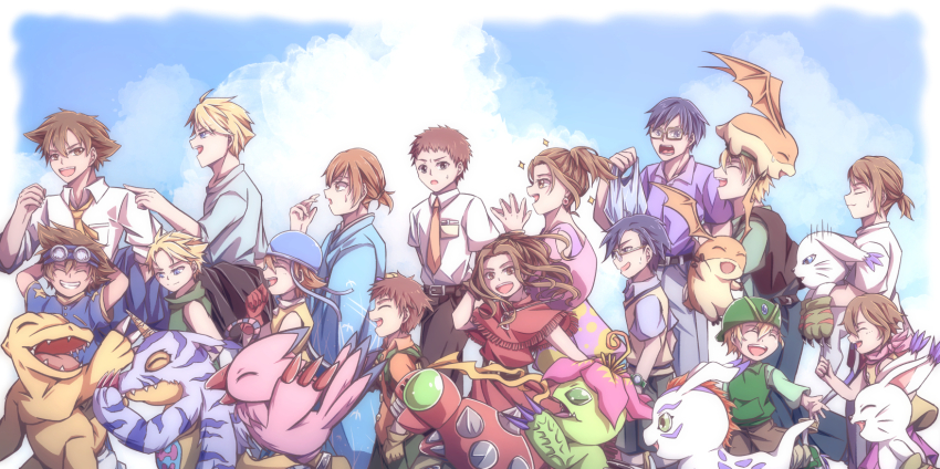 3girls 5boys agumon bird bug cat digimon digimon_(creature) digimon_adventure digimon_adventure:_last_evolution_kizuna gabumon glasses gomamon highres ishida_yamato izumi_koshiro kido_jo multiple_boys multiple_girls palmon patamon piyomon reptile tachikawa_mimi tailmon takaishi_takeru takenouchi_sora tentomon wings yagami_hikari yagami_taichi