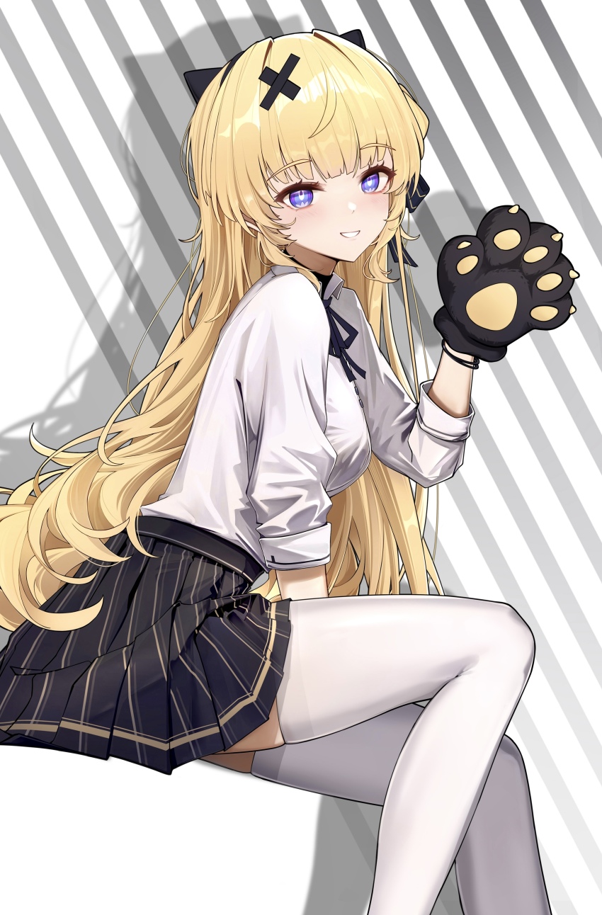 1girl absurdres alternate_costume animal_hands black_bow black_ribbon black_skirt blonde_hair blue_eyes bow breasts collared_shirt commentary_request feet_out_of_frame from_side gloves hair_bow hair_ornament hand_up highres long_hair looking_at_viewer mcoco7 medium_breasts neck_ribbon partial_commentary paw_gloves phoebe_(wuthering_waves) revision ribbon shirt shirt_tucked_in skirt smile solo thighhighs thighs white_shirt white_thighhighs wuthering_waves