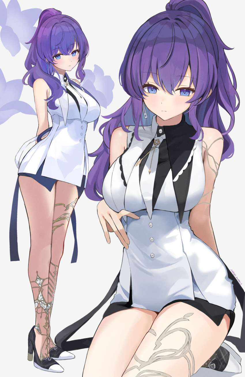 1girl absurdres arms_behind_back asahina_mafuyu bare_shoulders black_shoes blush breasts buttons clock_hands closed_mouth commentary_request crossed_bangs dress earrings flower full_body hair_between_eyes hair_over_shoulder high_heels high_ponytail highres jewelry kneeling large_breasts light_blush long_hair looking_at_viewer multiple_views necktie official_alternate_costume ponytail project_sekai purple_eyes purple_flower purple_hair shoes short_dress sidelocks single_bare_arm sleeveless sleeveless_dress standing thighs usagi_melon3 utakata_ni_idakarete_(project_sekai) white_dress white_necktie