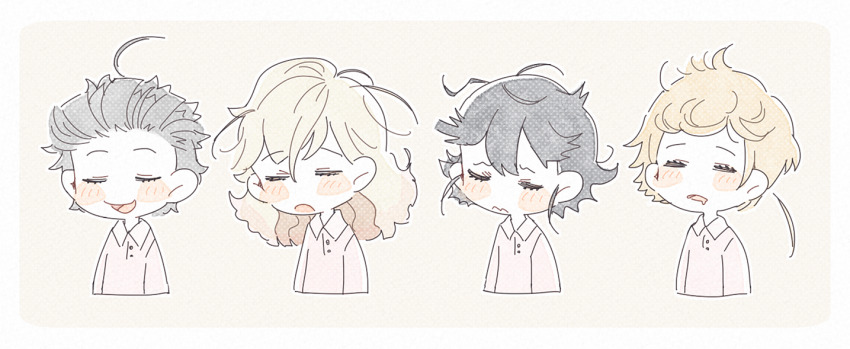 1girl 3boys ahoge arne_no_jikenbo black_hair blonde_hair blush_stickers border brown_background buttons character_request closed_eyes closed_mouth collared_shirt commentary commentary_request cropped_torso english_commentary eyelashes forehead frown furrowed_brow grey_hair hair_between_eyes halftone long_hair long_sleeves lynn_reinweiss messy_hair mixed-language_commentary multiple_boys open_mouth outline pink_shirt shirt short_hair shuntaro_(tya_nya0000) simple_background sleepy smile wavy_mouth white_border white_outline