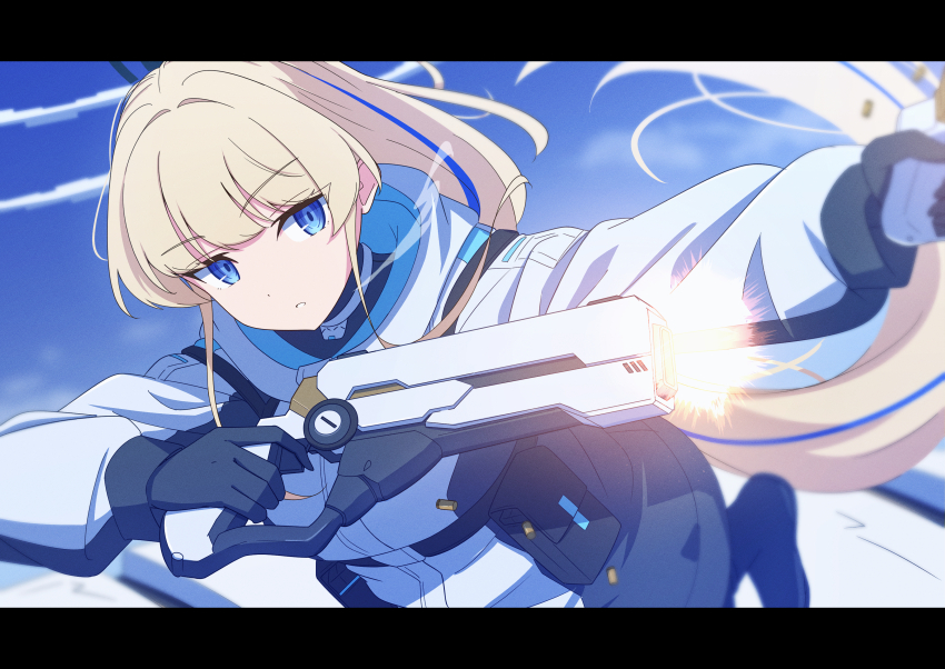 1girl absurdres alternate_costume aot. belt_pouch black_gloves blonde_hair blue_archive blue_eyes gloves gun handgun highres holding holding_gun holding_weapon hood hood_down jacket long_hair long_sleeves looking_to_the_side parted_lips pouch solo toki_(blue_archive) very_long_hair weapon white_jacket winter_clothes